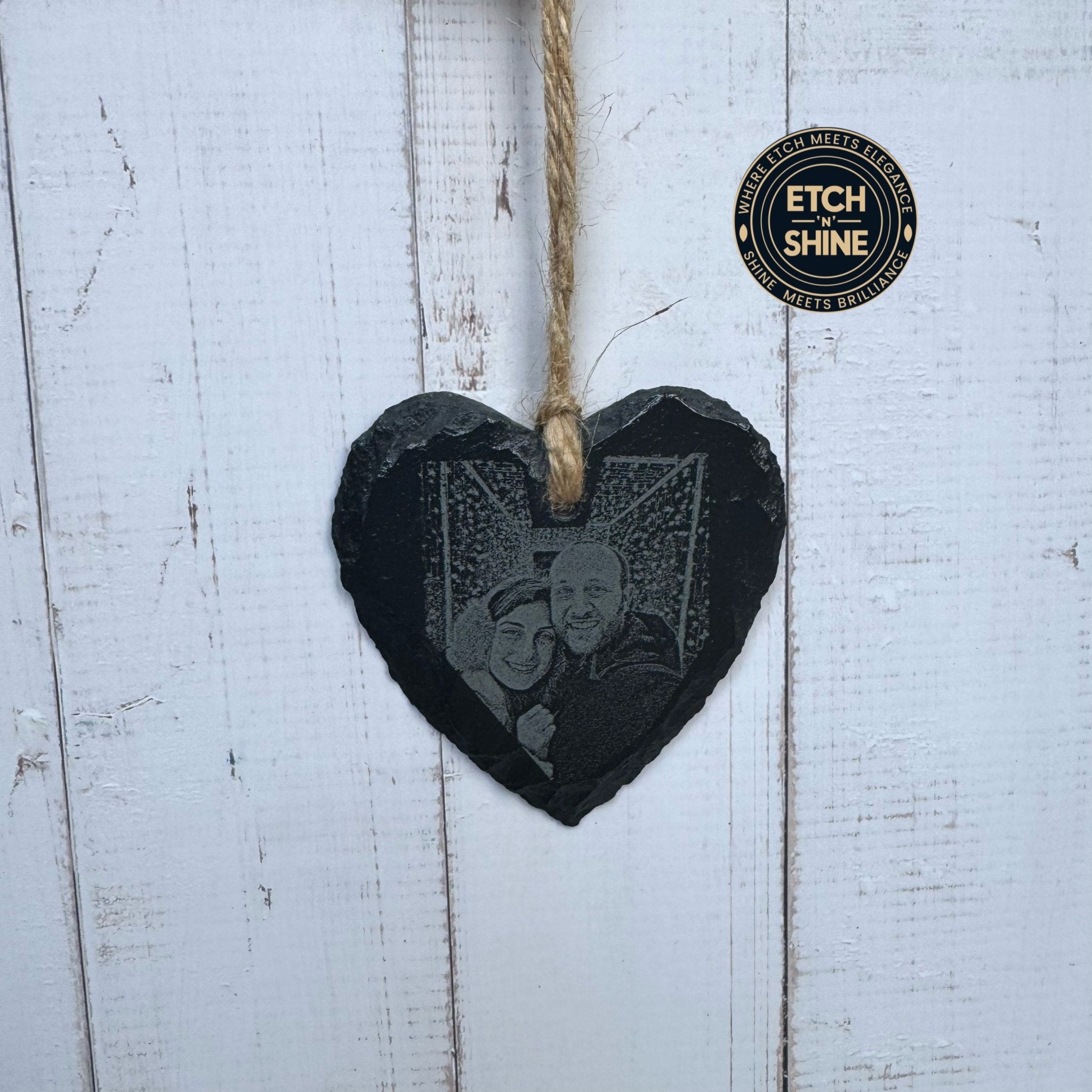 Heart-shaped slate with engraved photo, hanging on twine – personalised slate heart – Etch 'N' Shine