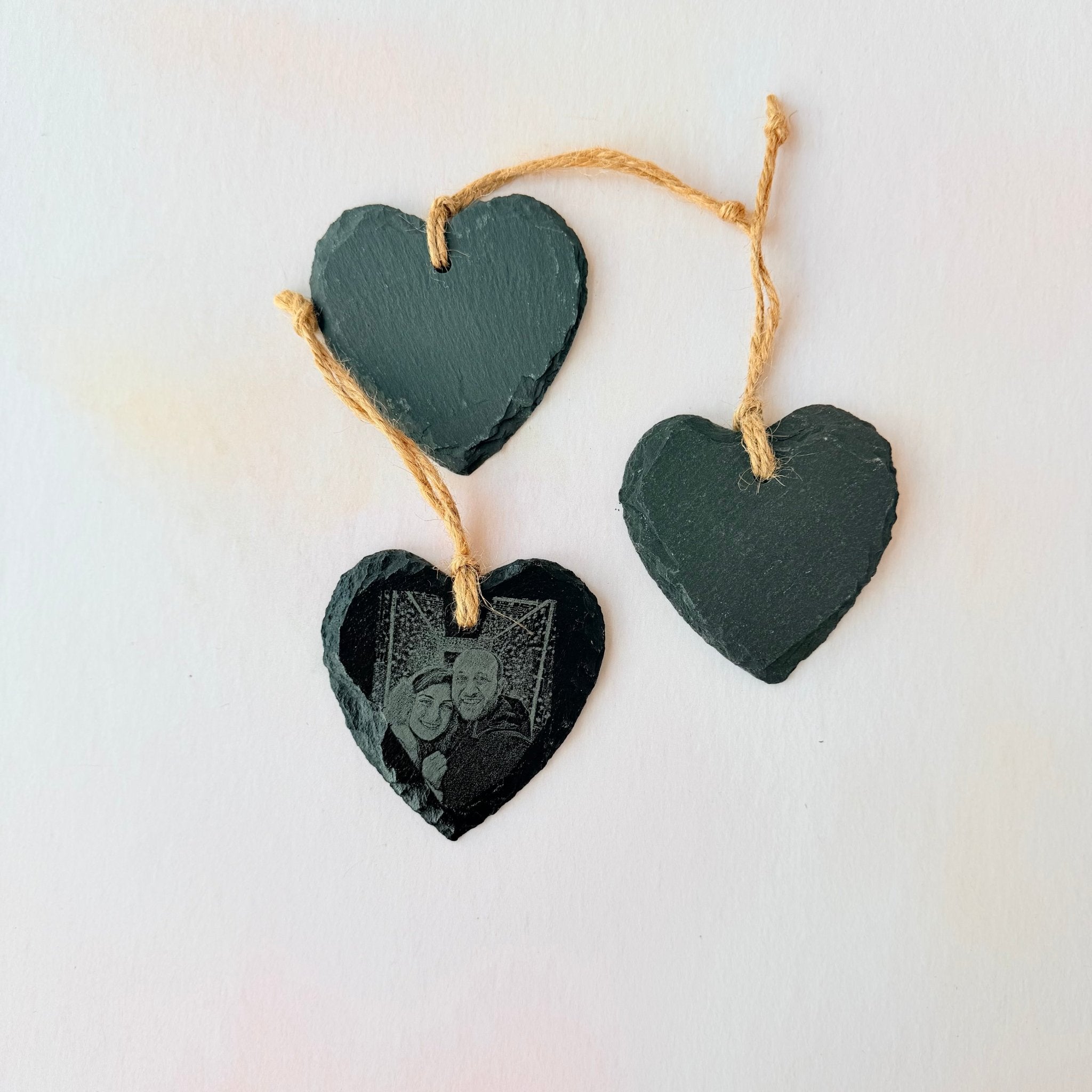 Slate heart ornament with engraved photo on twine – personalised slate heart – Etch 'N' Shine