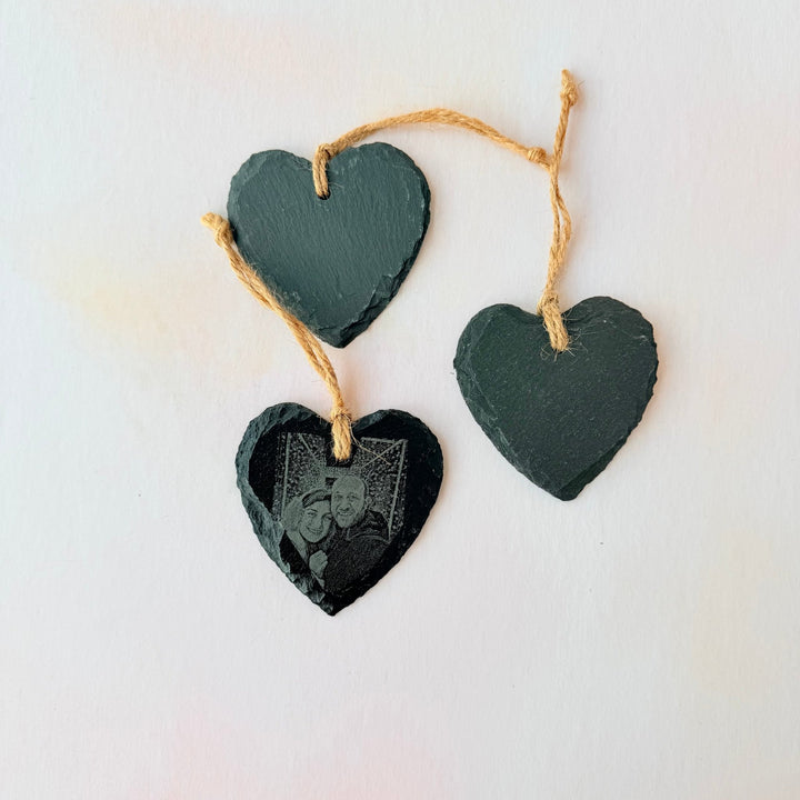 Slate heart ornament with engraved photo on twine – personalised slate heart – Etch 'N' Shine