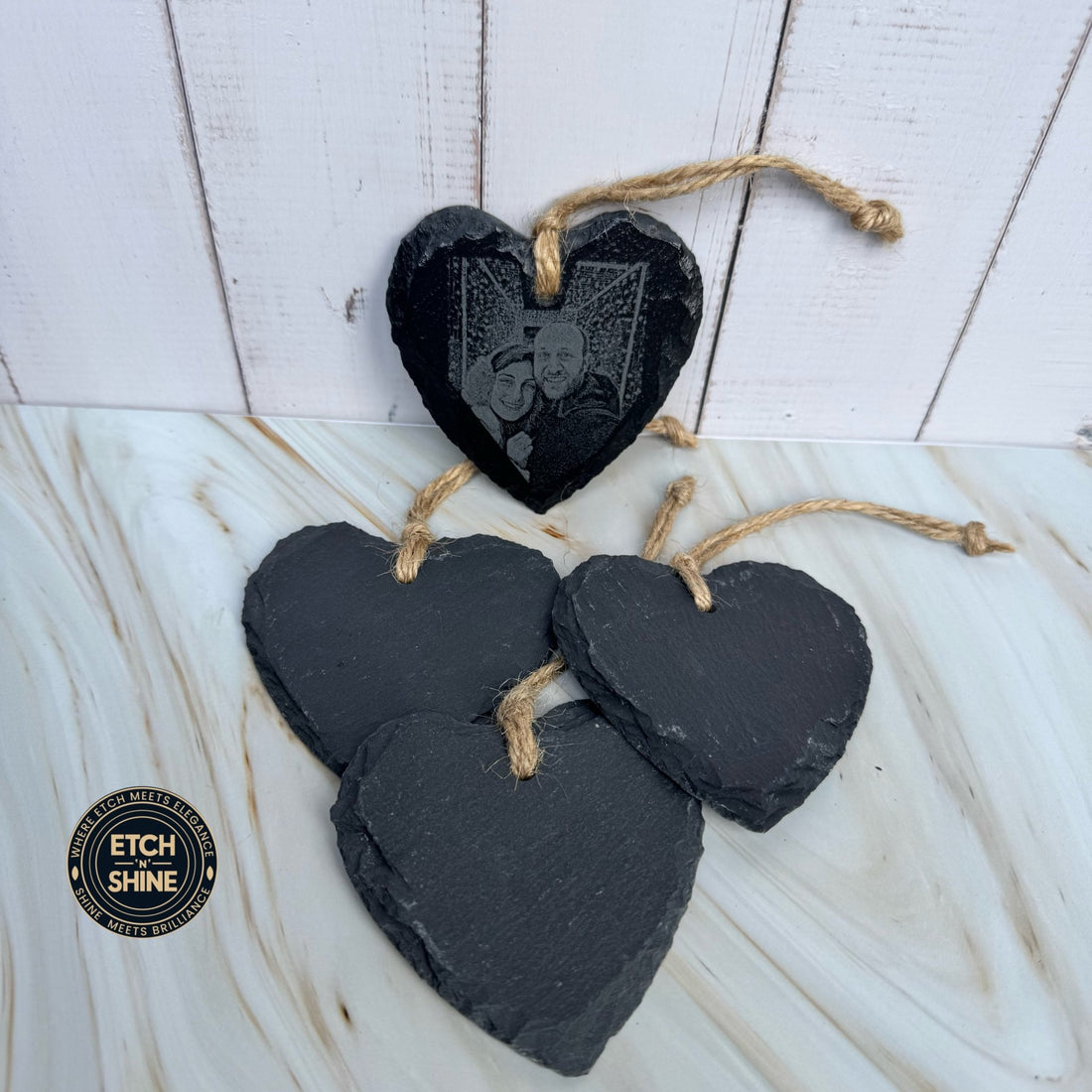 Heart slate hanging with engraved photo beside plain slate hearts – personalised slate heart – Etch 'N' Shine