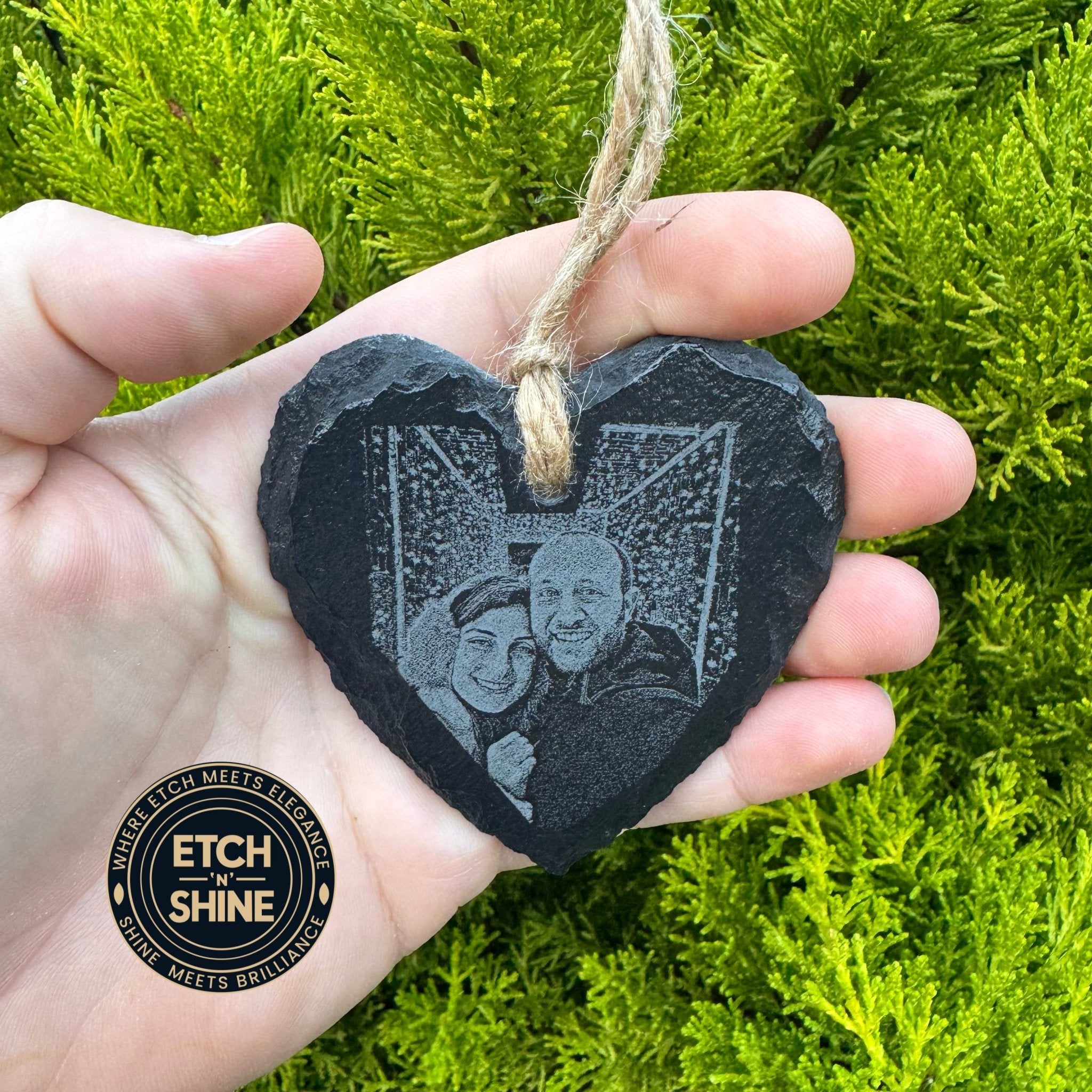 Heart-shaped slate with engraved photo held in hand – personalised slate hanging – Etch 'N' Shine