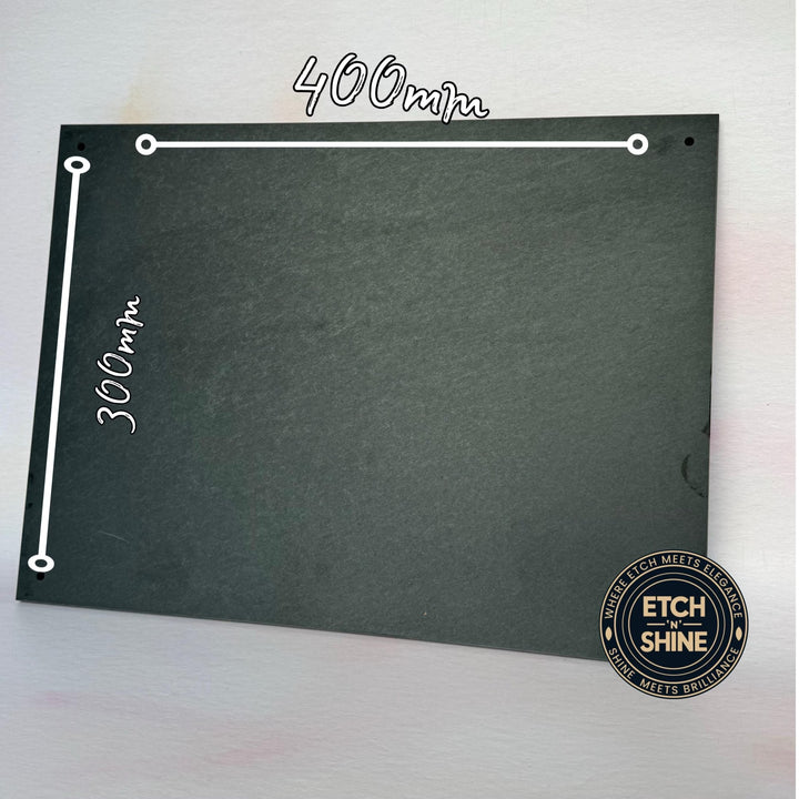 Plain slate plaque with corner mounting holes showing 400x300mm dimensions – personalised slate sign – Etch 'N' Shine
