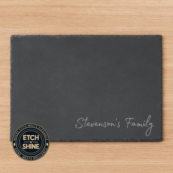 Laser-engraved slate placemat with custom family name in script font – personalised slate placemat – Etch 'N' Shine
