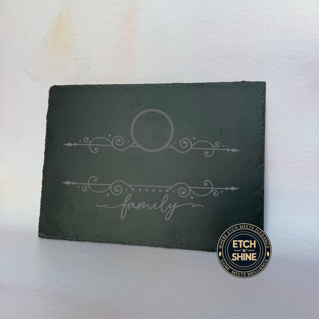 Laser-engraved slate placemat with decorative scrollwork and custom text – personalised slate placemat – Etch 'N' Shine