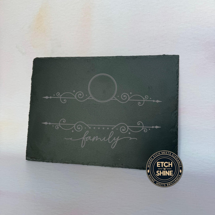 Laser-engraved slate placemat with decorative scrollwork and custom text – personalised slate placemat – Etch 'N' Shine