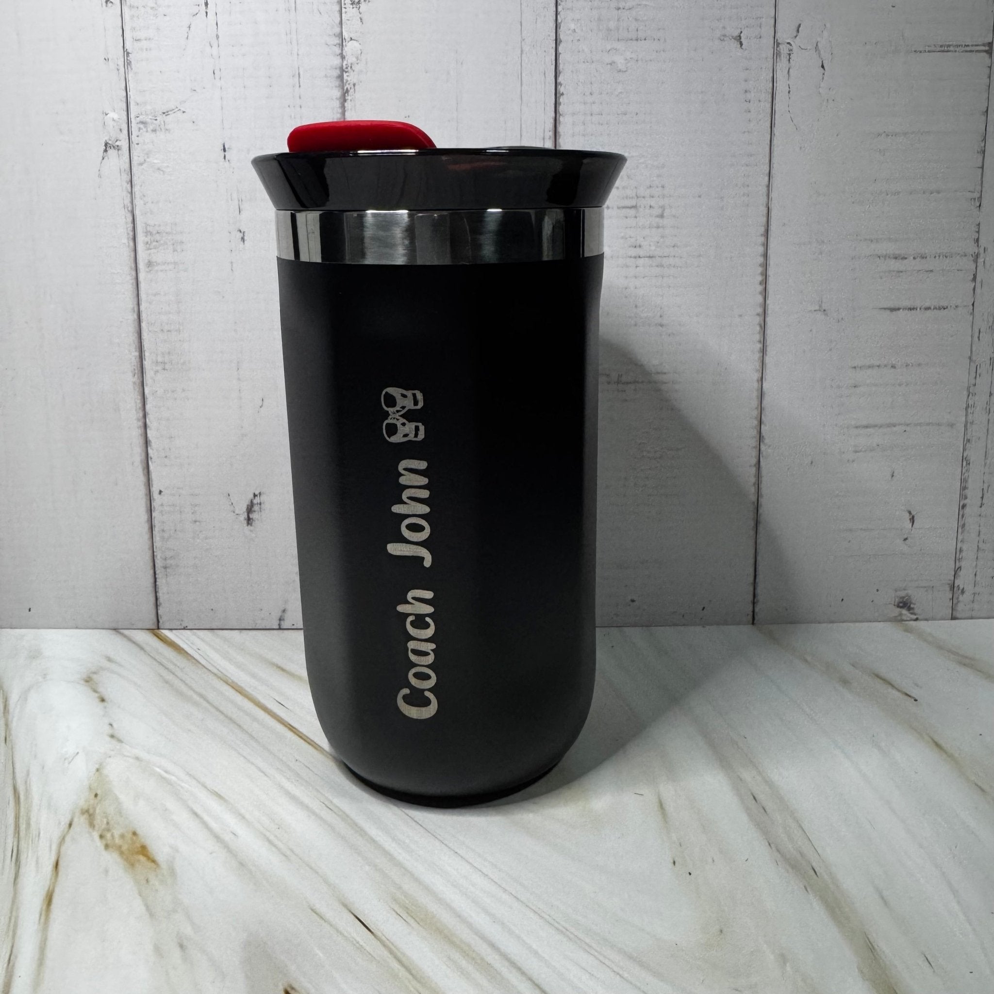 Black travel mug with custom text – personalised insulated steel coffee mug – Etch 'N' Shine