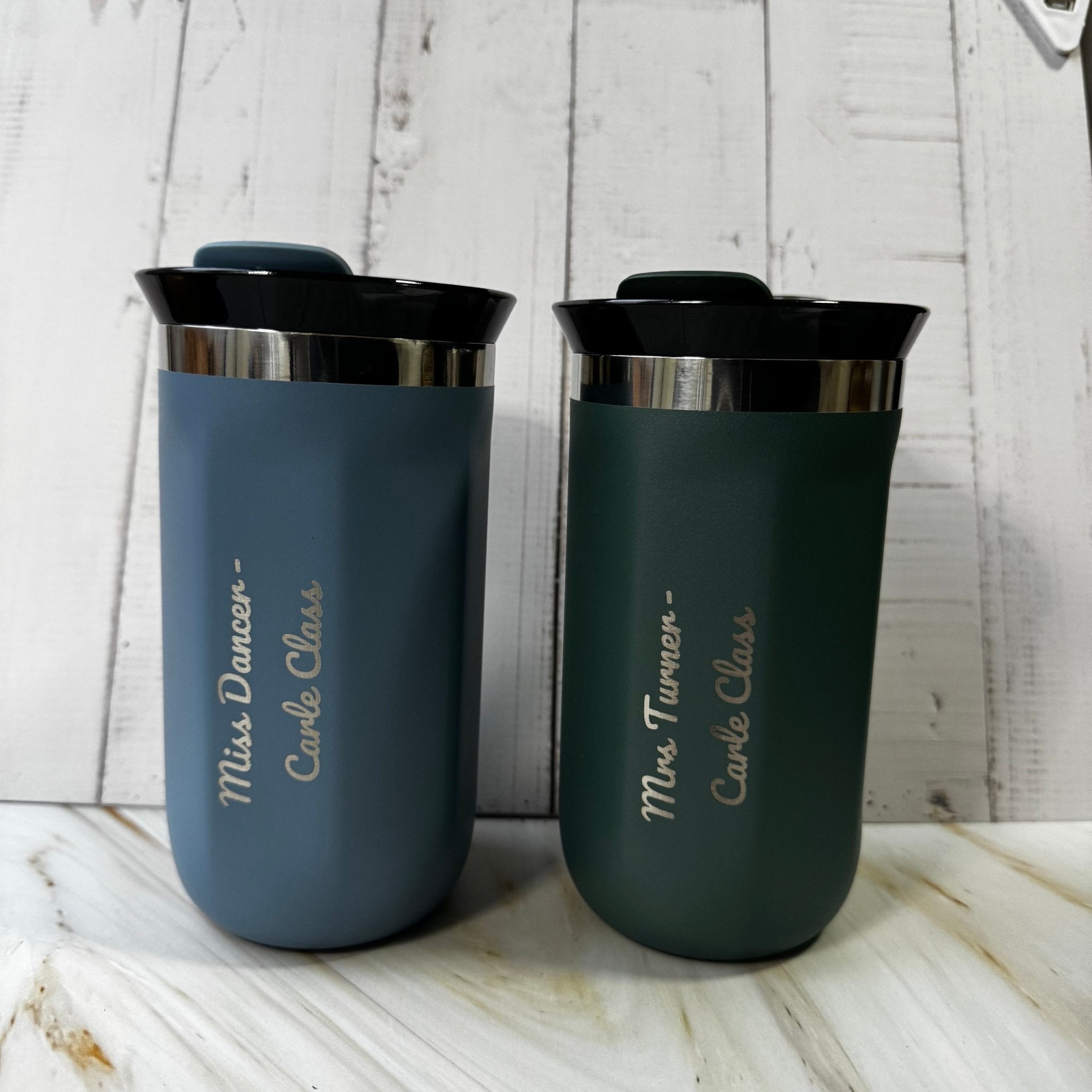 Two engraved travel mugs with custom text – personalised insulated steel coffee mugs – Etch 'N' Shine