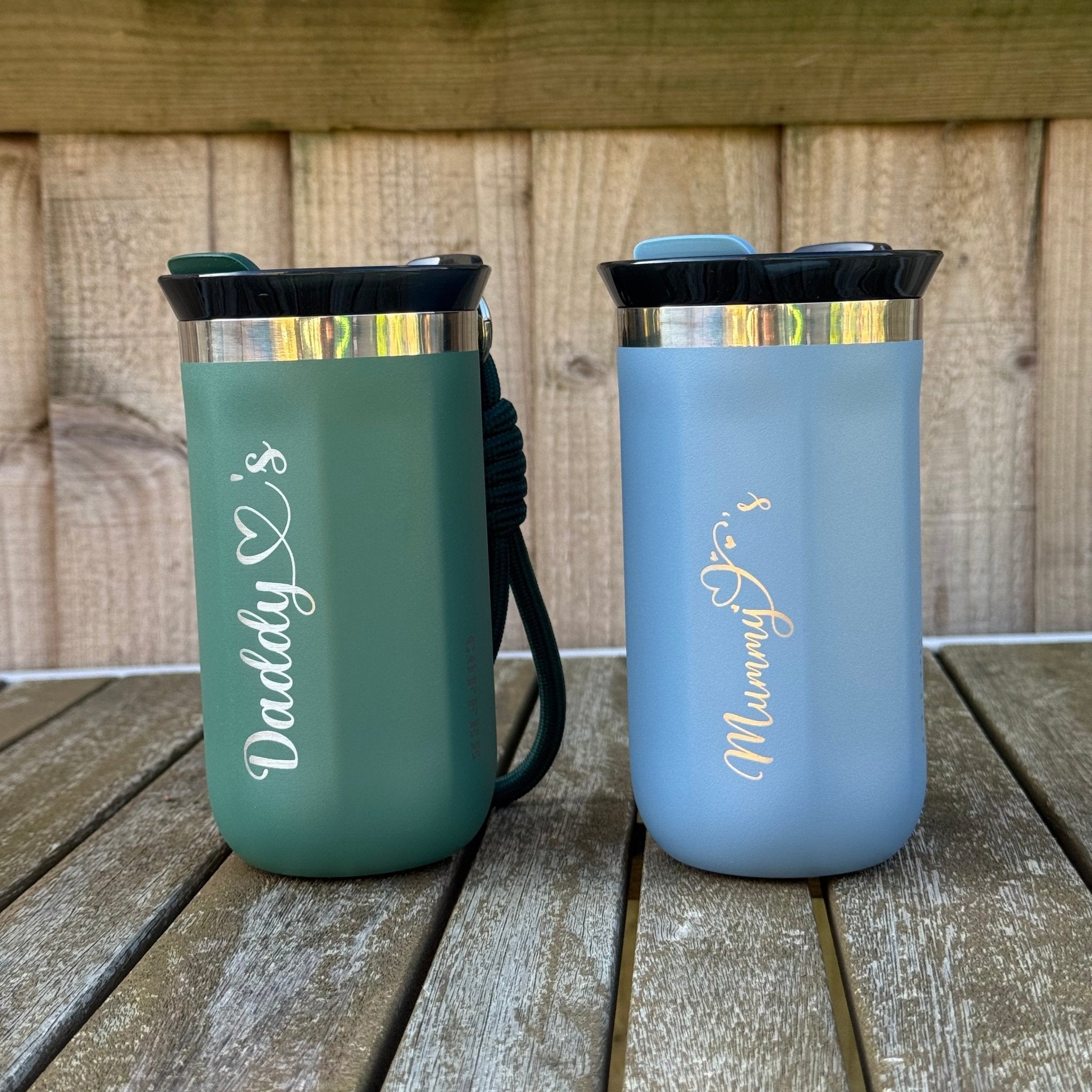 Two engraved insulated mugs with custom text – personalised steel travel coffee mugs – Etch 'N' Shine