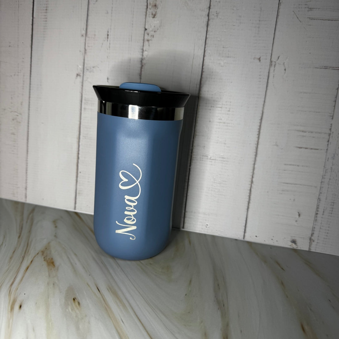 Blue matte travel mug with engraved custom name in script font – personalised stainless steel travel mug – Etch 'N' Shine