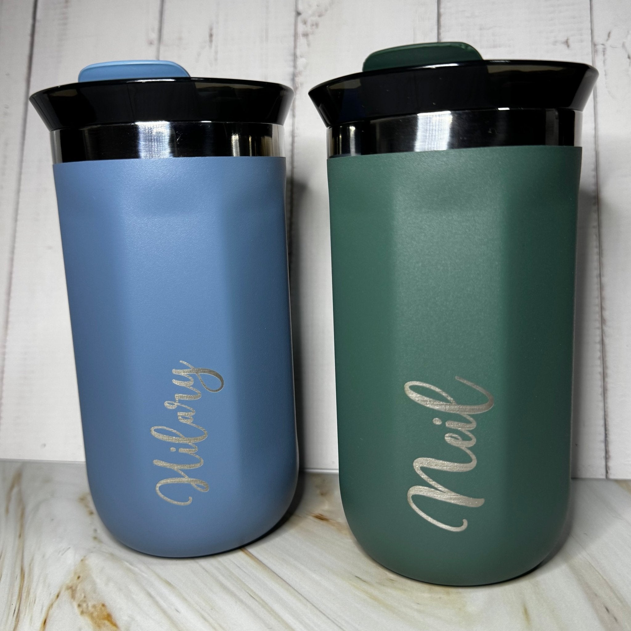 Blue and green travel mugs with custom names – personalised insulated steel travel mugs – Etch 'N' Shine