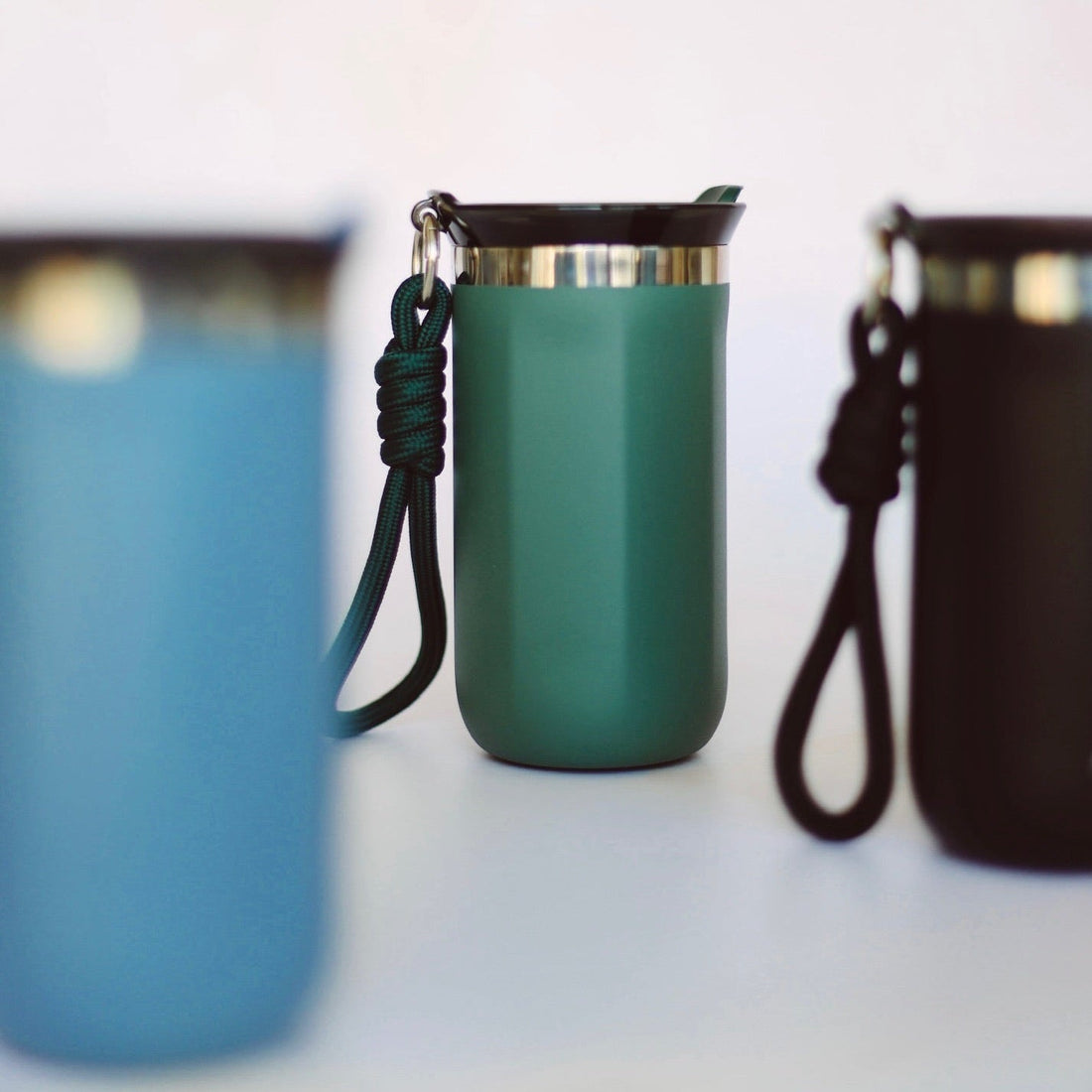 Three colour variants of personalised insulated travel mug with rope handle – Etch 'N' Shine