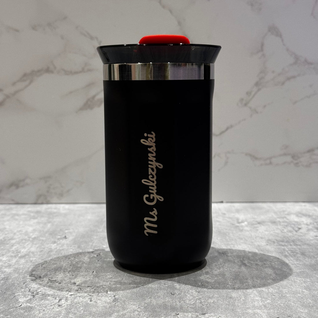 Black insulated travel mug with custom name – personalised steel coffee mug – Etch 'N' Shine