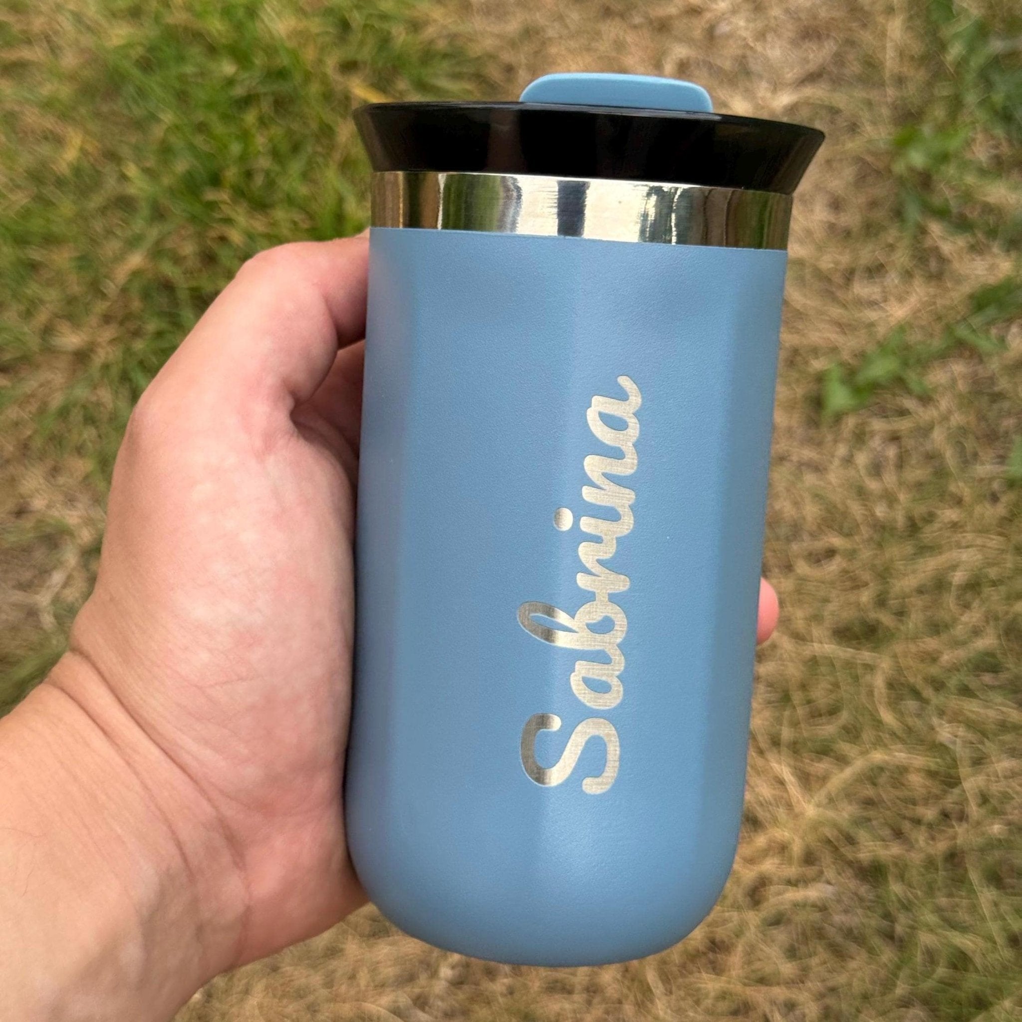 Blue insulated travel mug with engraved custom name in script font – personalised stainless steel travel mug – Etch 'N' Shine