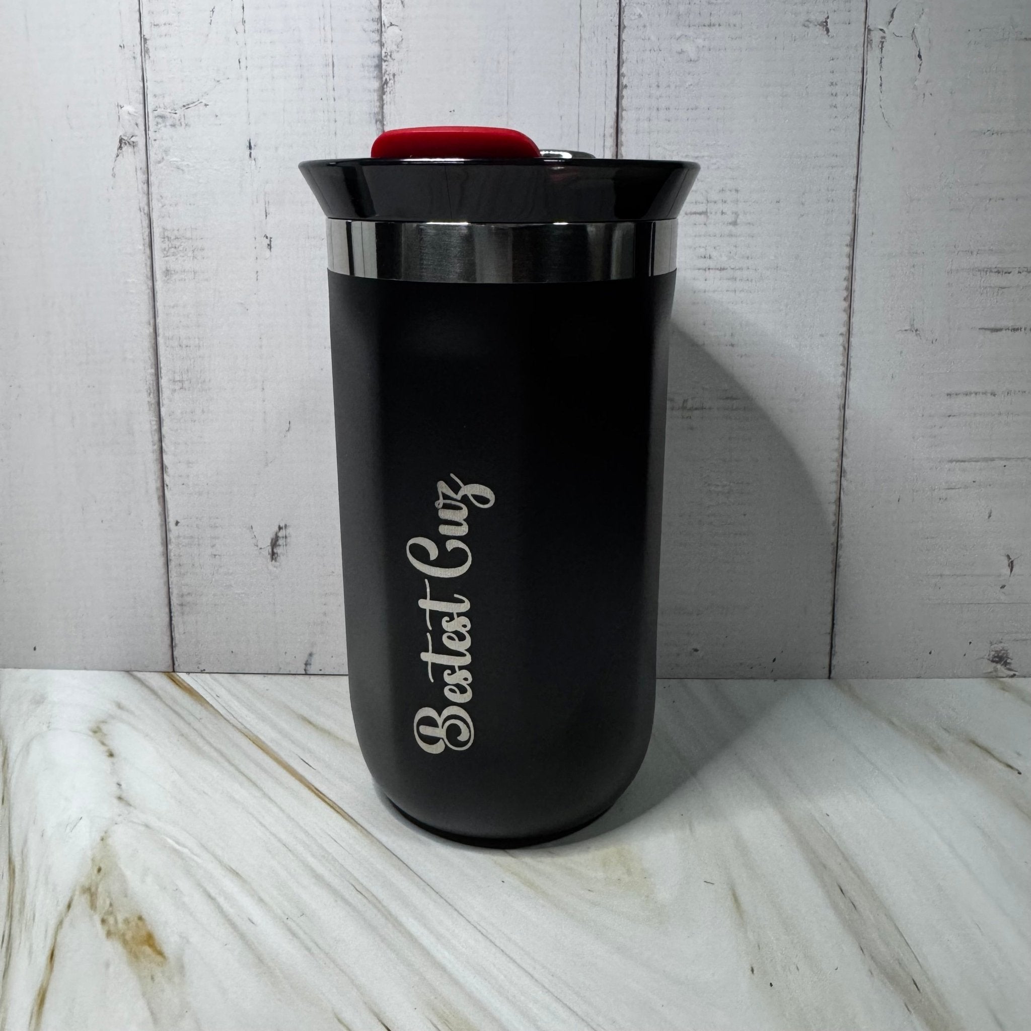 Black insulated travel mug with custom text – personalised steel coffee mug – Etch 'N' Shine