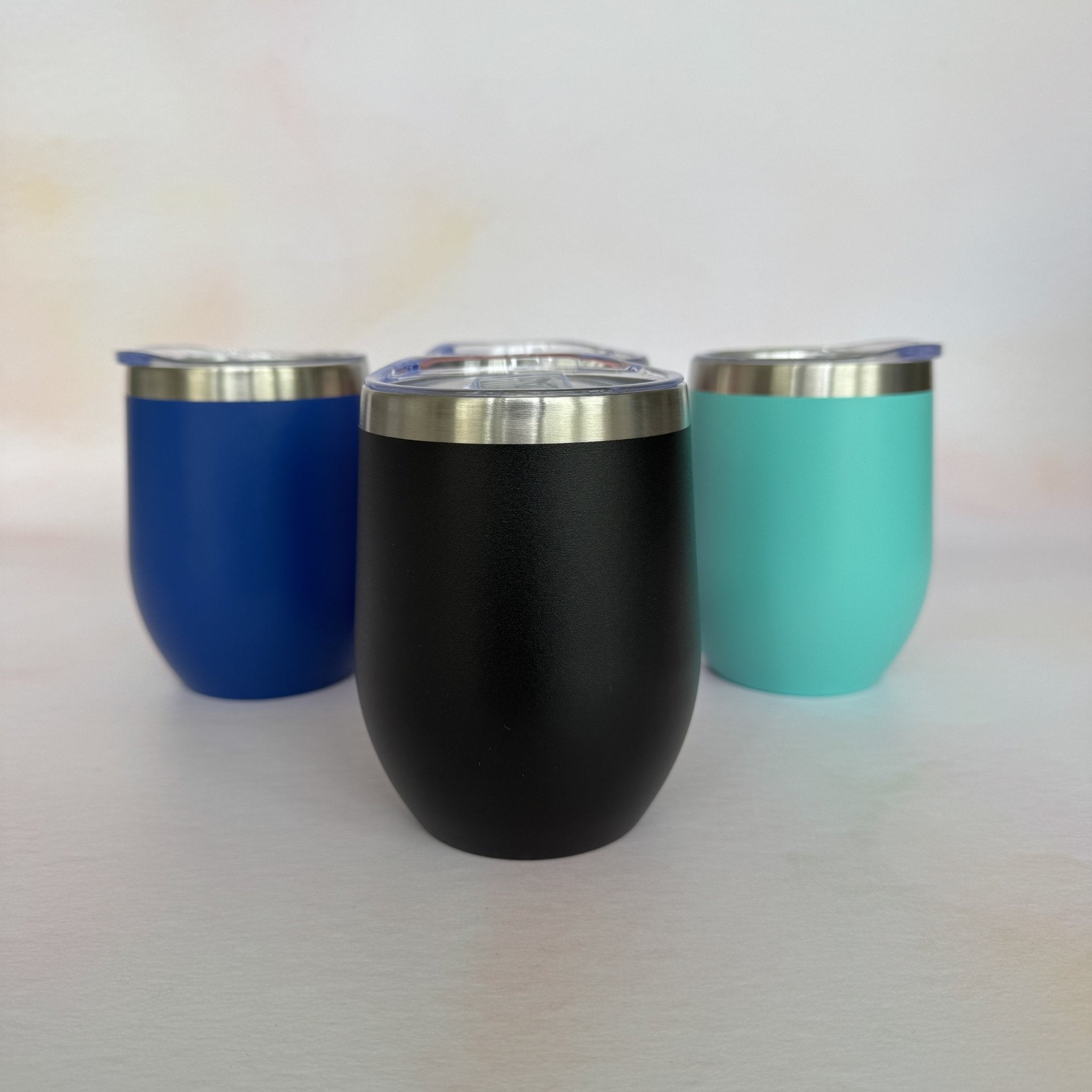 Three colour variants of engraved steel wine tumbler – personalised tumbler – Etch 'N' Shine