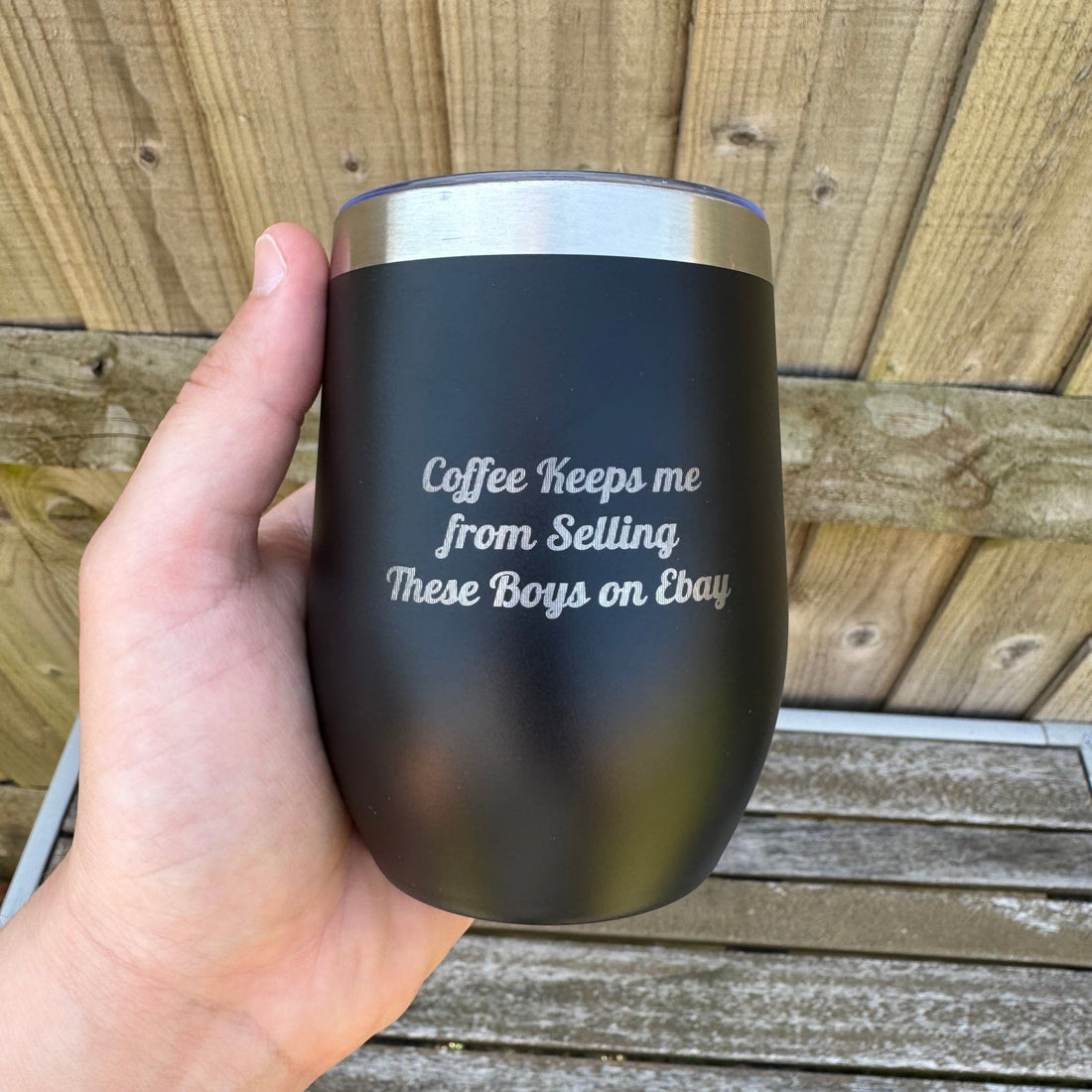 Black steel tumbler with custom text held in hand – personalised steel wine tumbler – Etch 'N' Shine