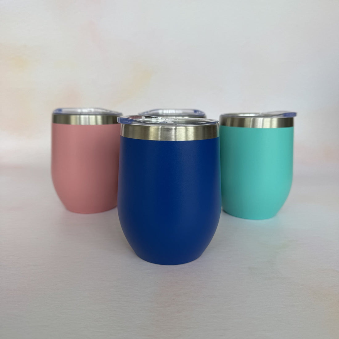 Three colour variants of steel wine tumbler with lid – personalised steel tumbler – Etch 'N' Shine