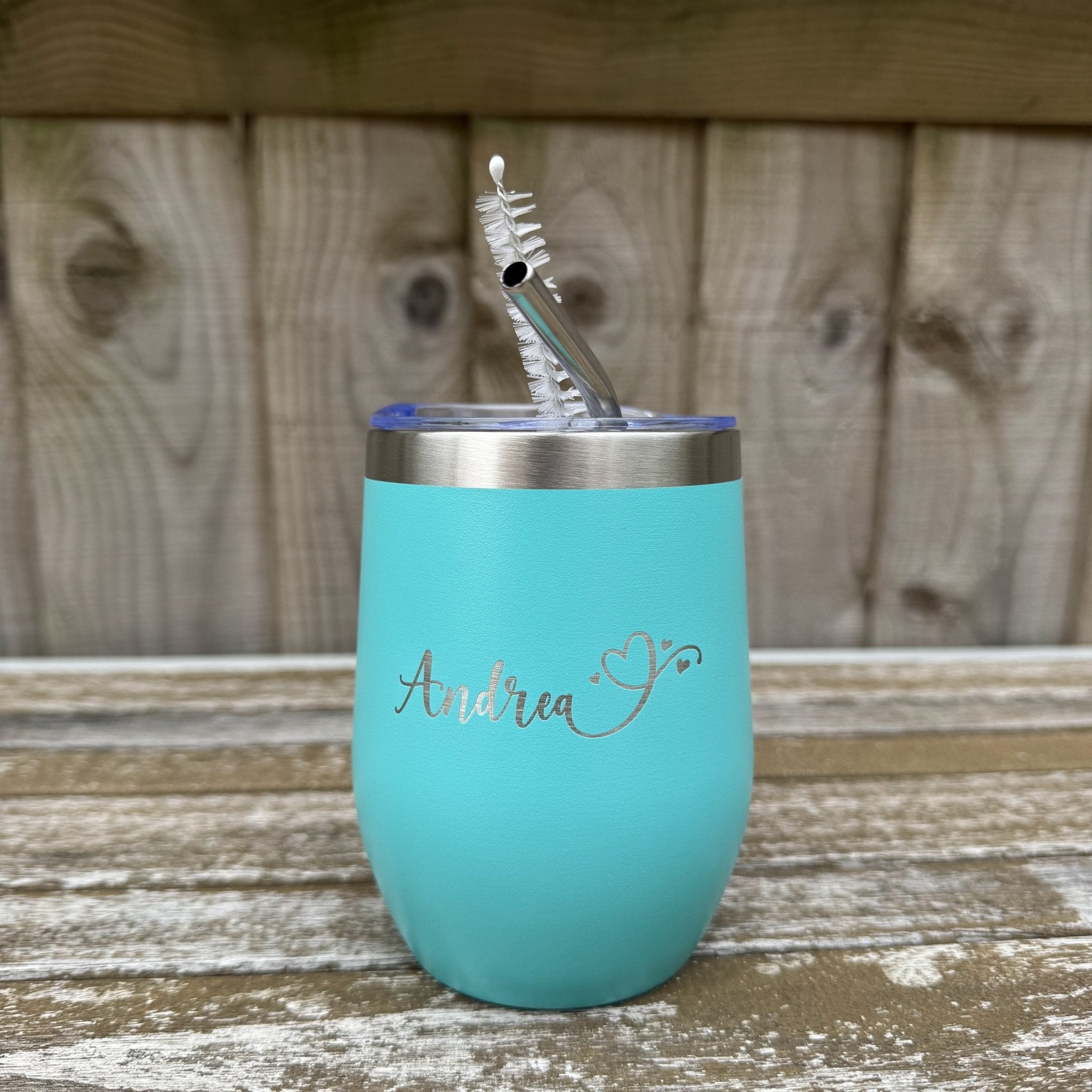 Teal steel wine tumbler with custom name and straw – personalised tumbler – Etch 'N' Shine