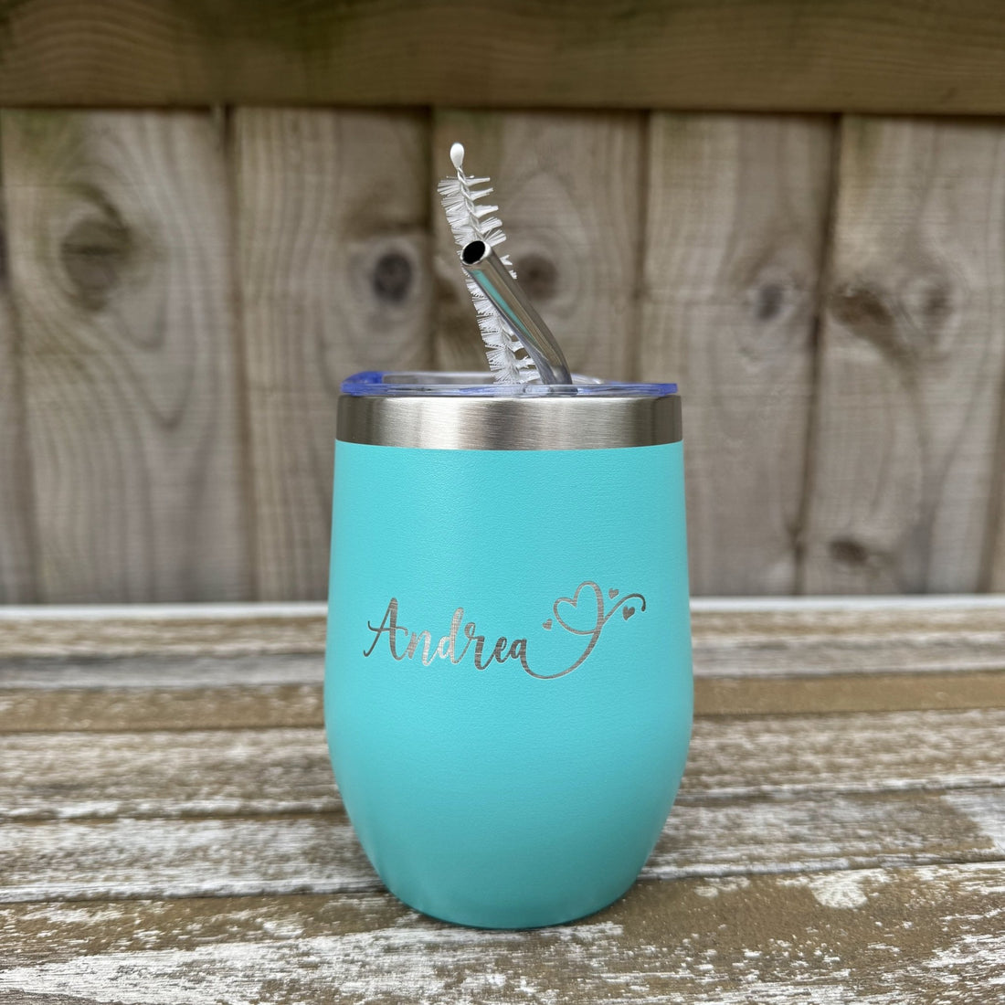 Teal steel wine tumbler with custom name and straw – personalised tumbler – Etch 'N' Shine