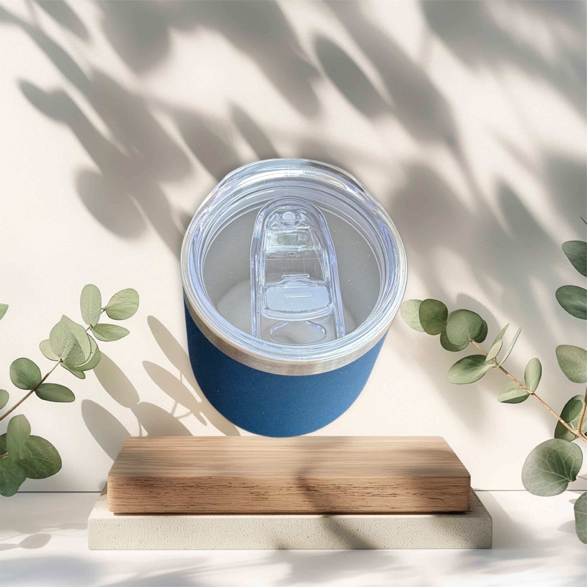 Top-down view of navy steel tumbler with clear lid – personalised steel wine tumbler – Etch 'N' Shine