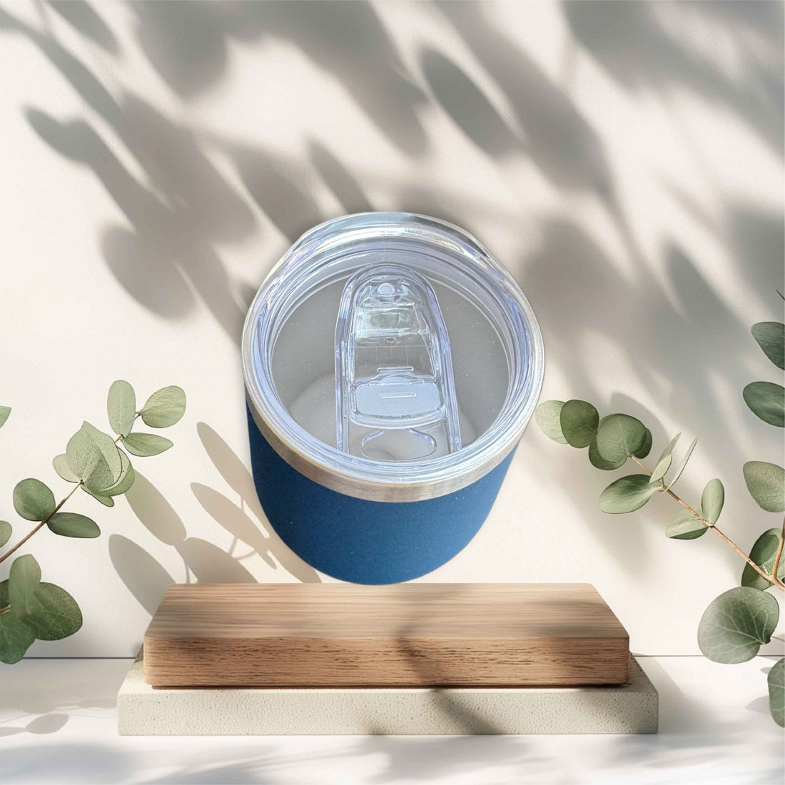 Top-down view of navy steel tumbler with clear lid – personalised steel wine tumbler – Etch 'N' Shine