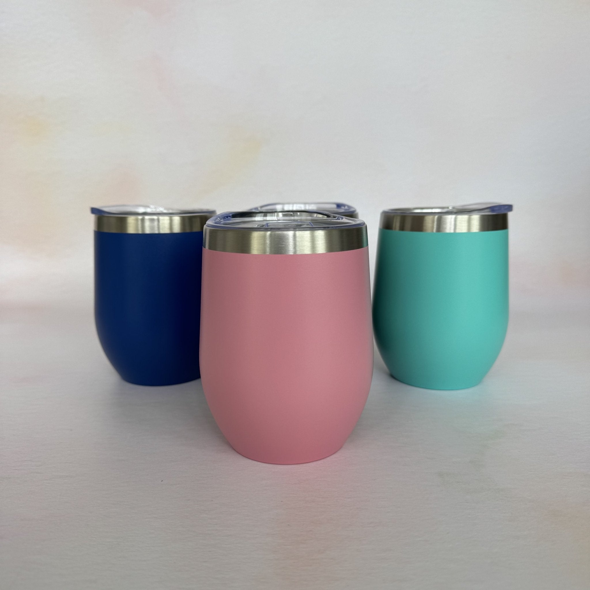 Three colour variants of stemless wine tumbler – personalised steel wine tumbler – Etch 'N' Shine