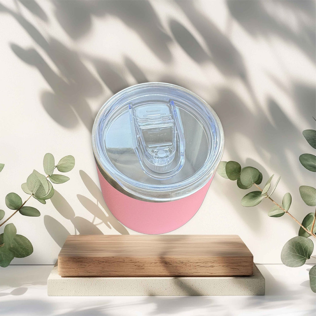 Pink stainless steel wine tumbler with clear straw lid on a wooden surface – personalised steel tumbler – Etch 'N' Shine