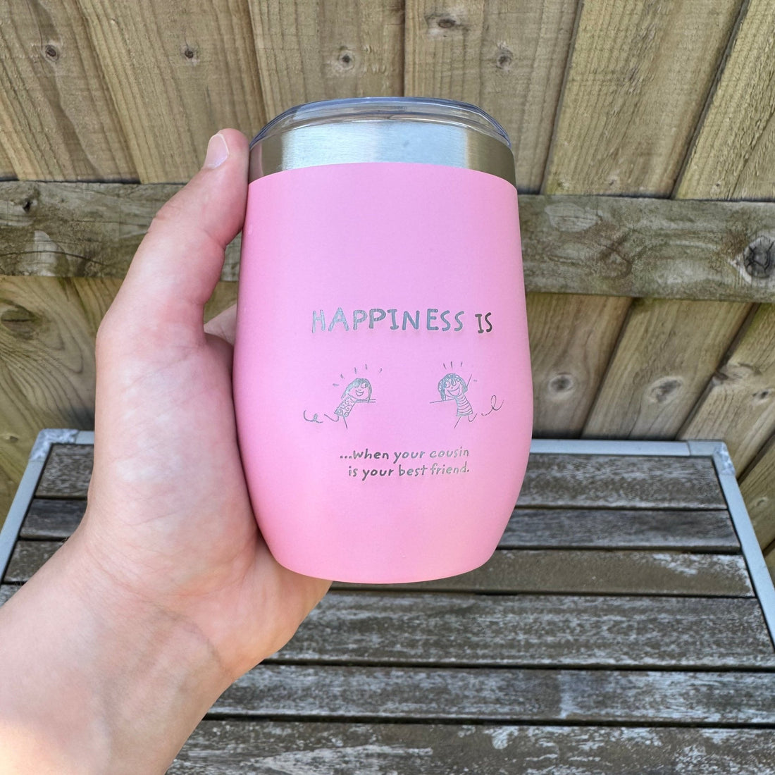 Pink engraved stainless steel wine tumbler with custom text and illustration – personalised steel tumbler – Etch 'N' Shine