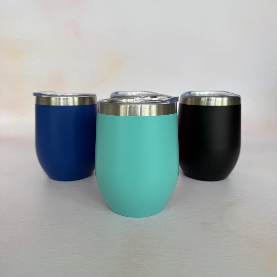 Three colour variants of engraved steel wine tumbler – personalised stemless tumbler – Etch 'N' Shine