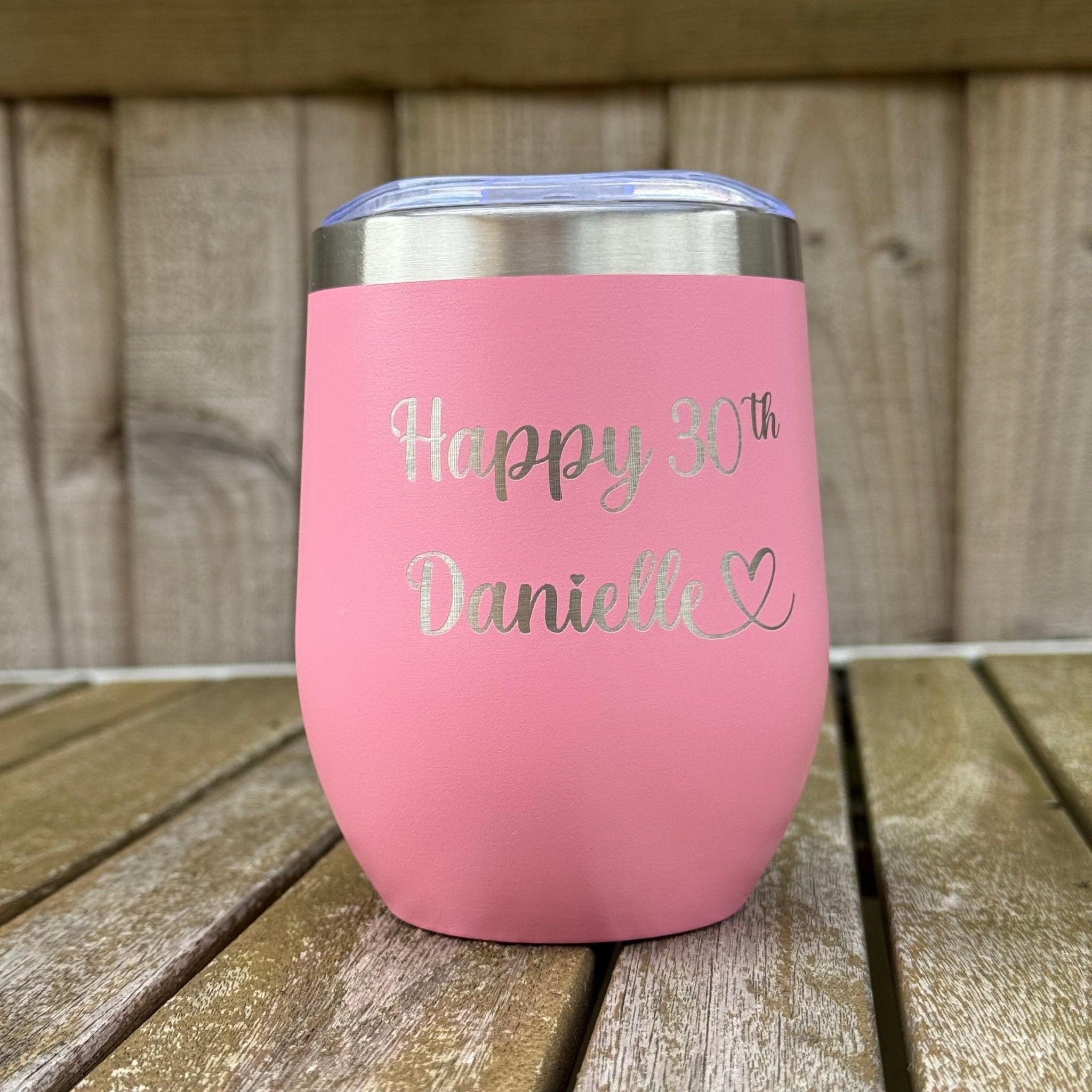 Pink steel tumbler with personalised message – engraved stainless steel wine tumbler – Etch 'N' Shine