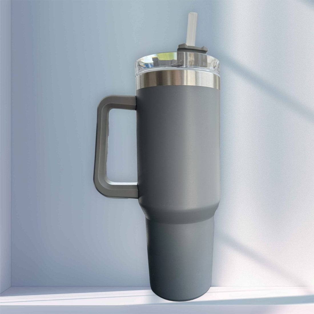 Grey steel tumbler with handle and straw lid – personalised stainless steel tumbler – Etch 'N' Shine