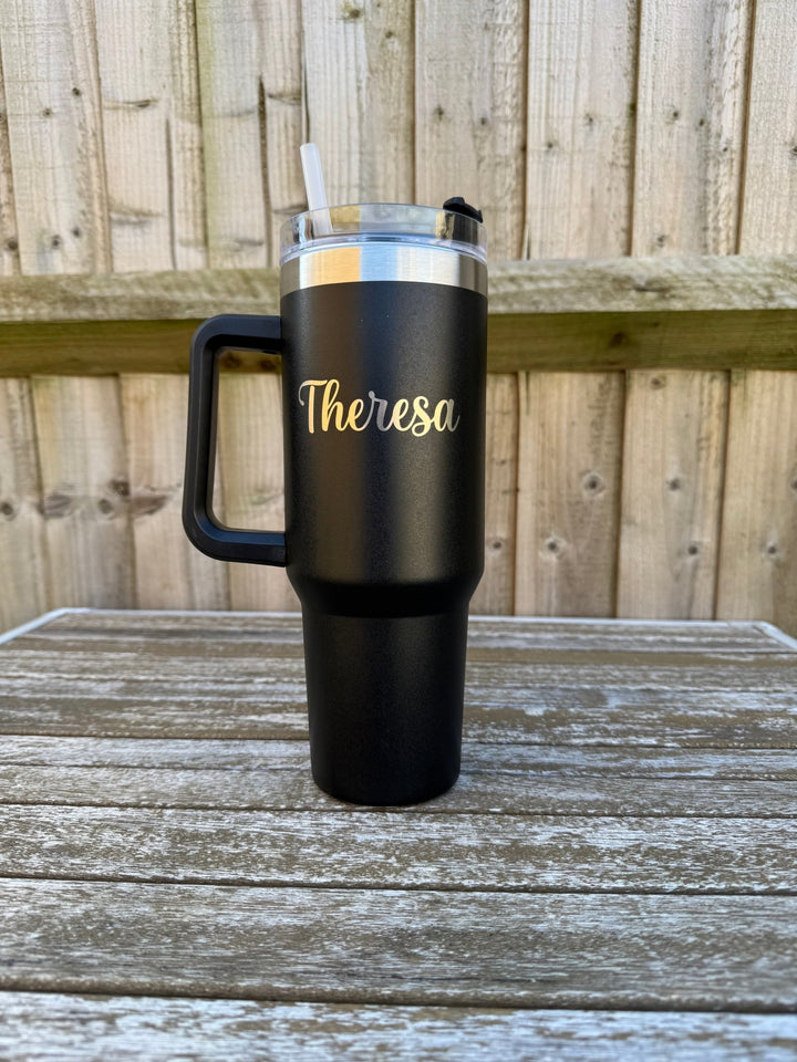 Black steel tumbler with handle and custom name – personalised stainless steel tumbler – Etch 'N' Shine