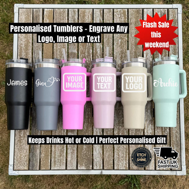 Six colour variants of engraved steel tumbler with custom text – personalised tumbler – Etch 'N' Shine
