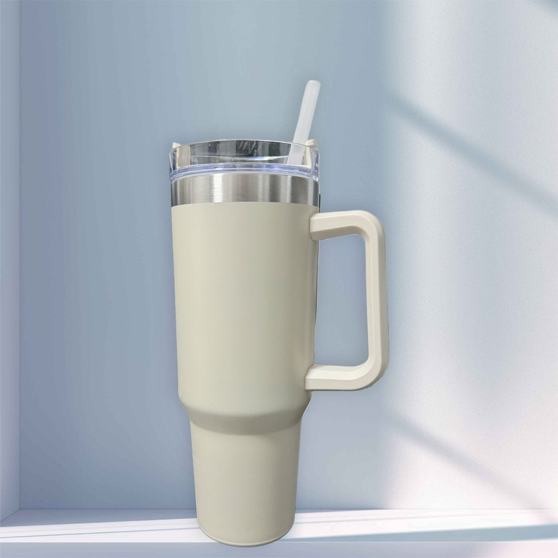 Cream steel tumbler with handle and straw lid – personalised stainless steel tumbler – Etch 'N' Shine
