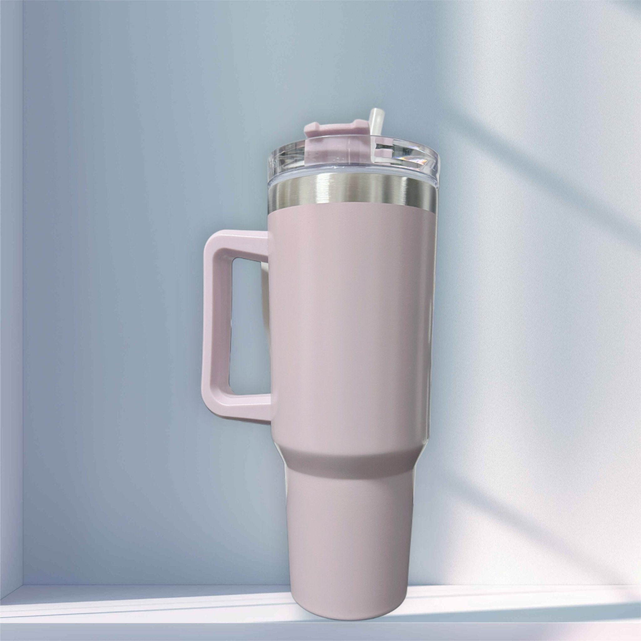 Pale pink tumbler with handle and straw lid, unengraved – personalised stainless steel tumbler – Etch 'N' Shine
