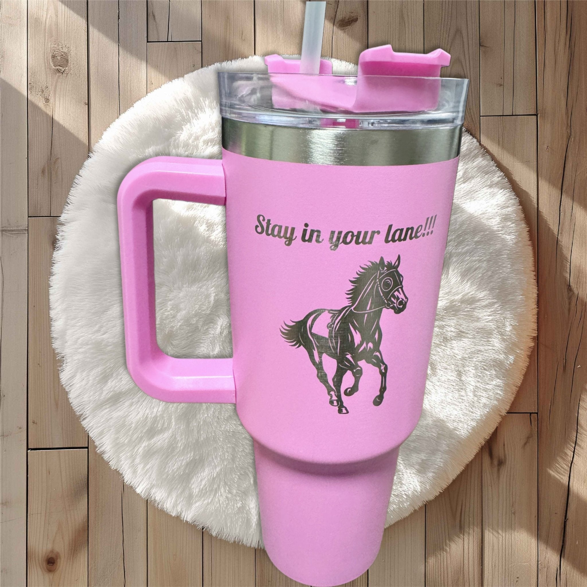 Pink steel tumbler with engraved horse and custom text – personalised steel tumbler – Etch 'N' Shine