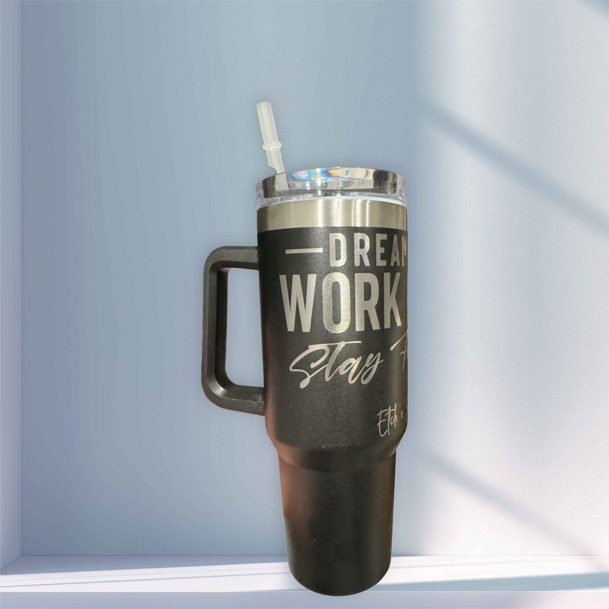 Laser-engraved black stainless steel tumbler with custom text and handle – personalised 1180ml tumbler – Etch 'N' Shine