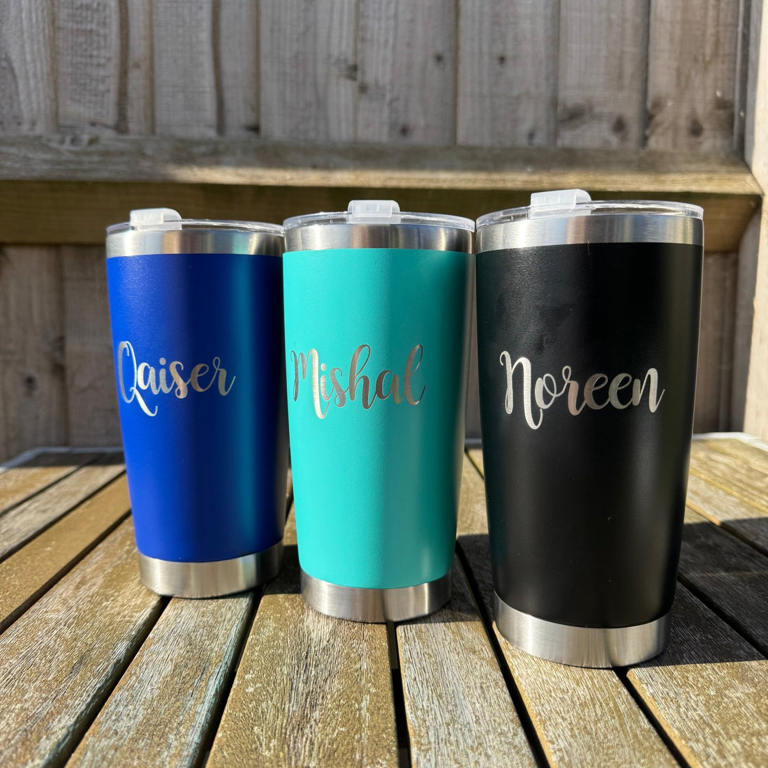 Three colour variants of engraved insulated tumbler with custom name – personalised stainless steel tumbler – Etch 'N' Shine