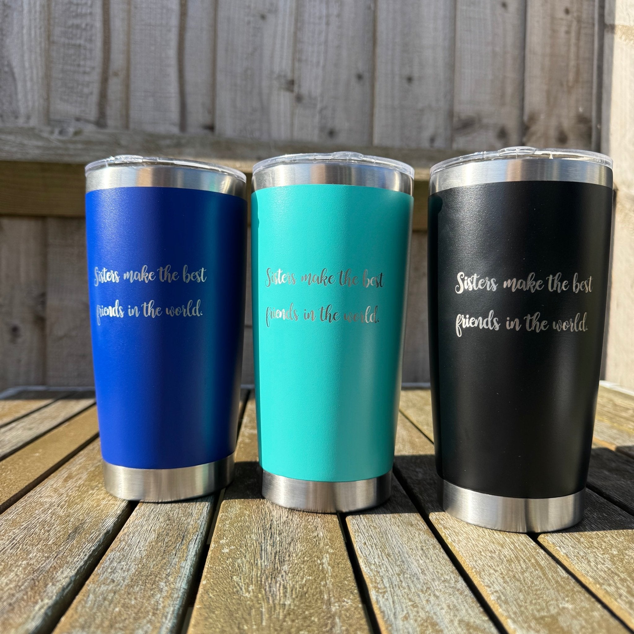 Three colour variants of engraved steel tumbler with custom text – personalised insulated tumbler – Etch 'N' Shine