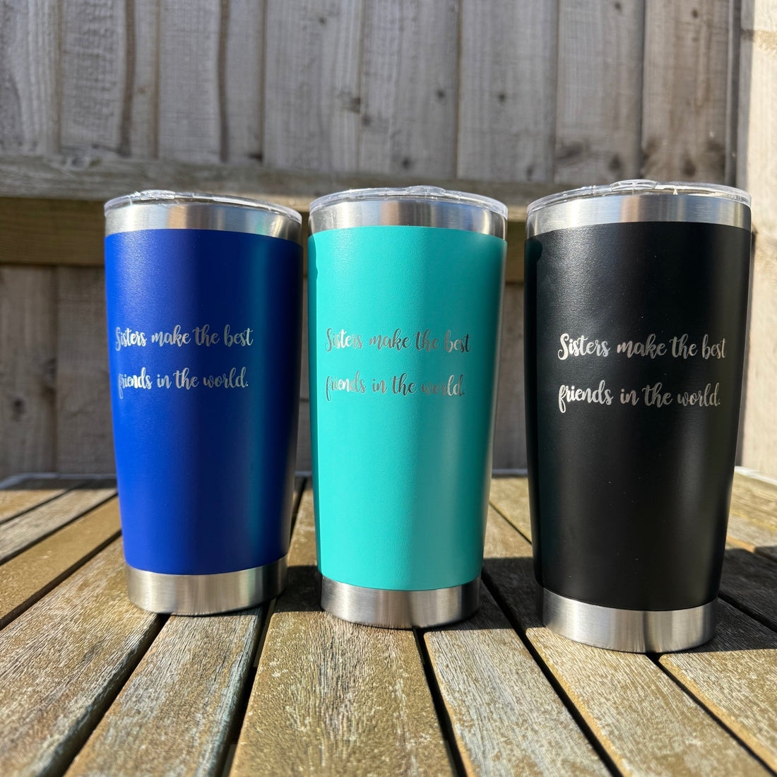 Three colour variants of engraved steel tumbler with custom text – personalised insulated tumbler – Etch 'N' Shine