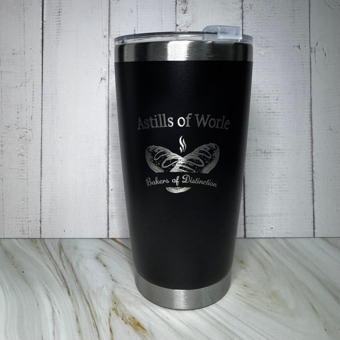 Black tumbler with custom logo engraving – personalised insulated steel tumbler – Etch 'N' Shine