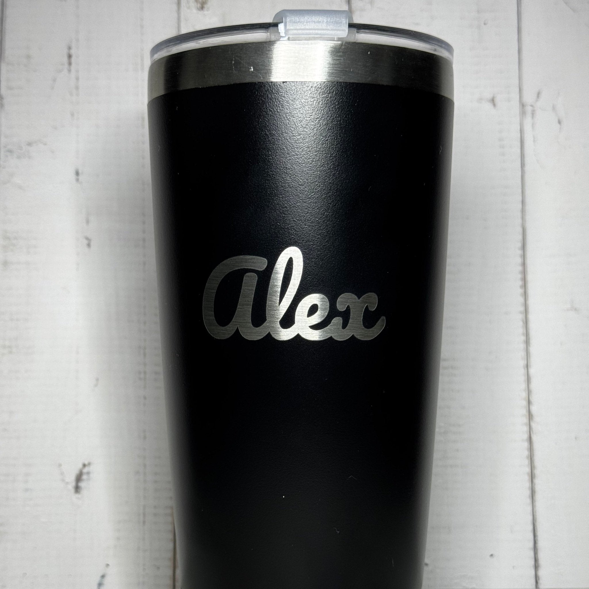 Black insulated tumbler with engraved custom name in script font – personalised stainless steel tumbler – Etch 'N' Shine