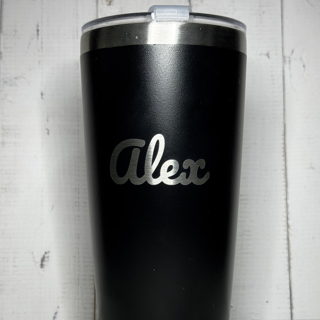 Black insulated tumbler with engraved custom name in script font – personalised stainless steel tumbler – Etch 'N' Shine