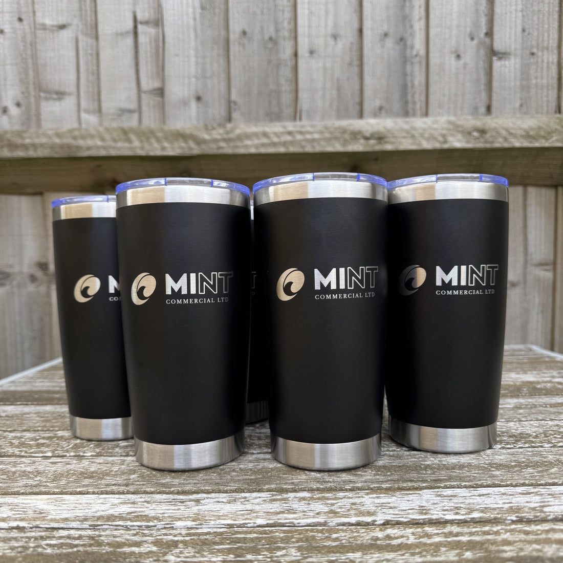 Four black tumblers with engraved logo – personalised insulated steel tumblers – Etch 'N' Shine