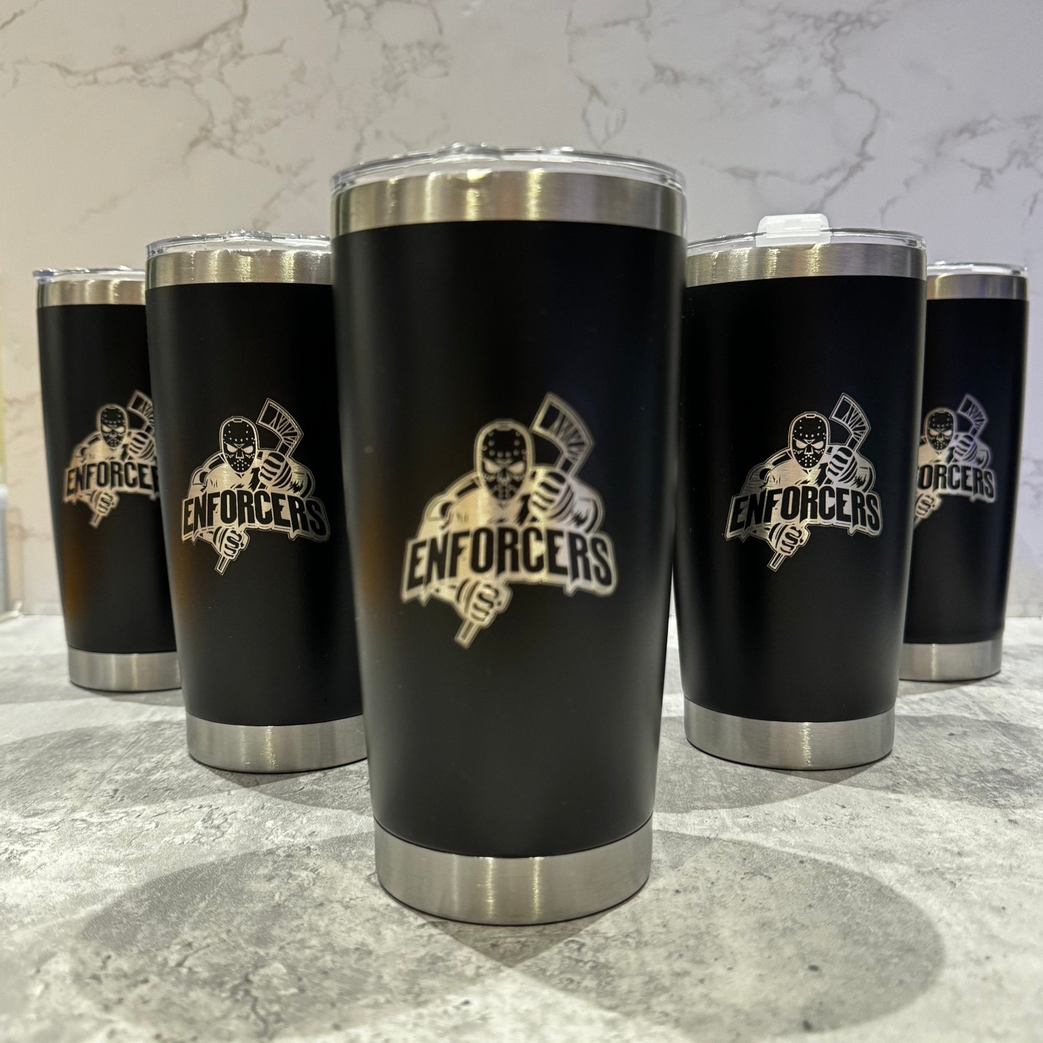 Black steel tumblers with engraved custom logo – personalised insulated tumblers – Etch 'N' Shine