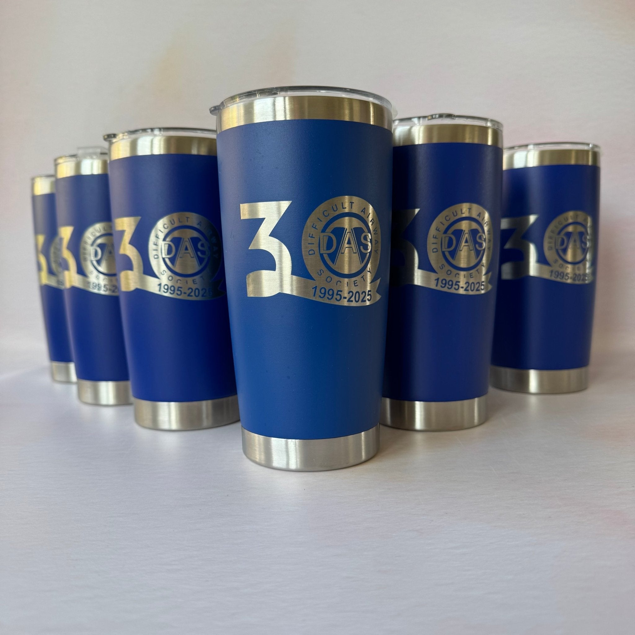 Group of blue steel tumblers with engraved custom logo – personalised insulated tumbler – Etch 'N' Shine