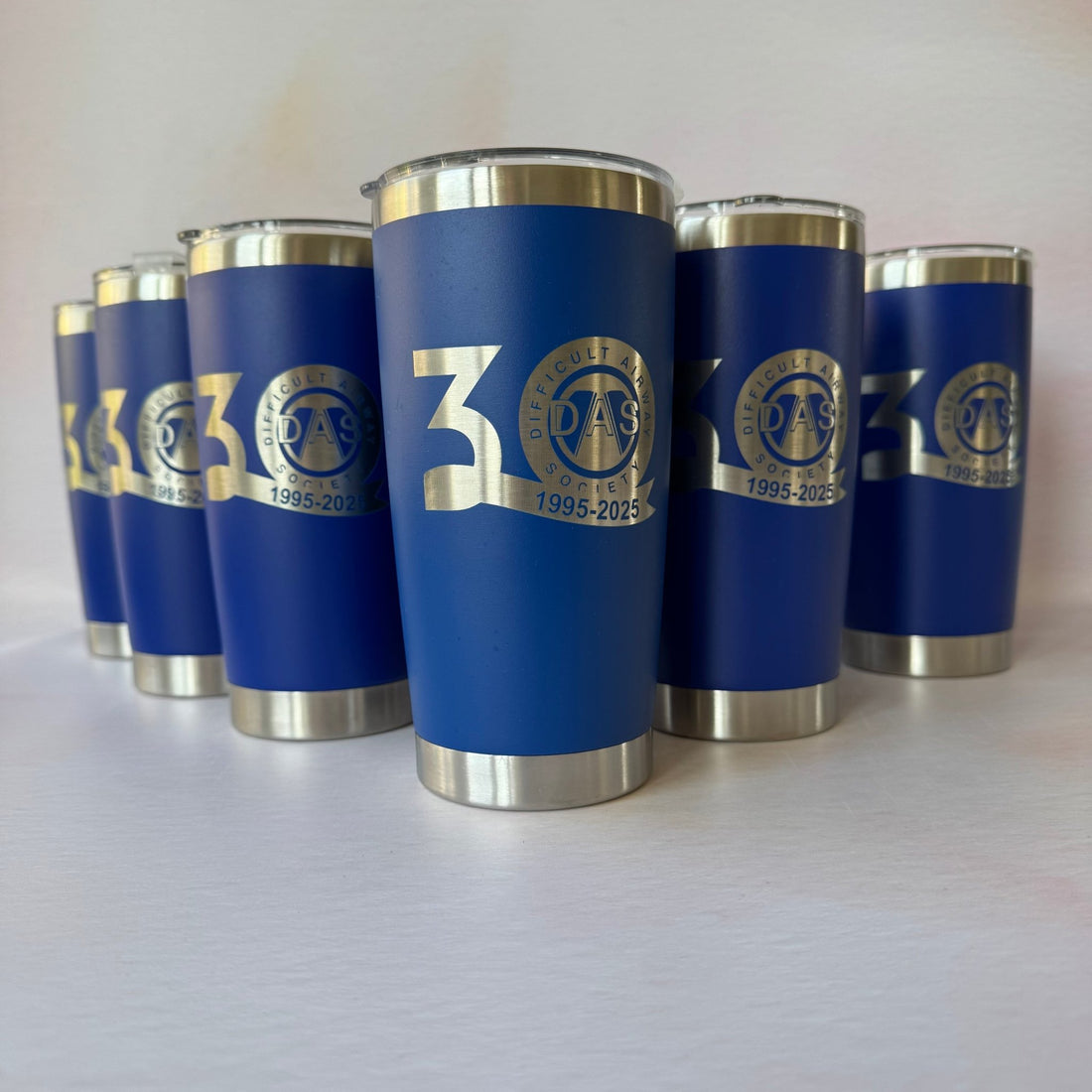 Group of blue steel tumblers with engraved custom logo – personalised insulated tumbler – Etch 'N' Shine