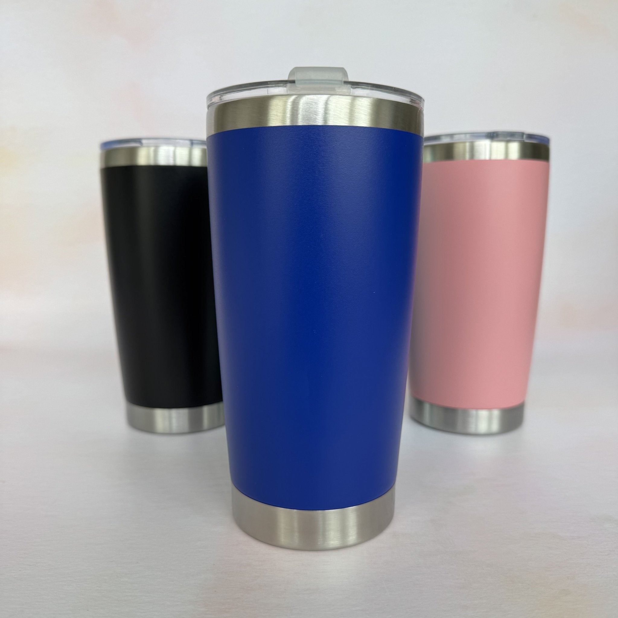 Three colour variants of insulated tumbler in blue, black and pink – personalised stainless steel tumbler – Etch 'N' Shine