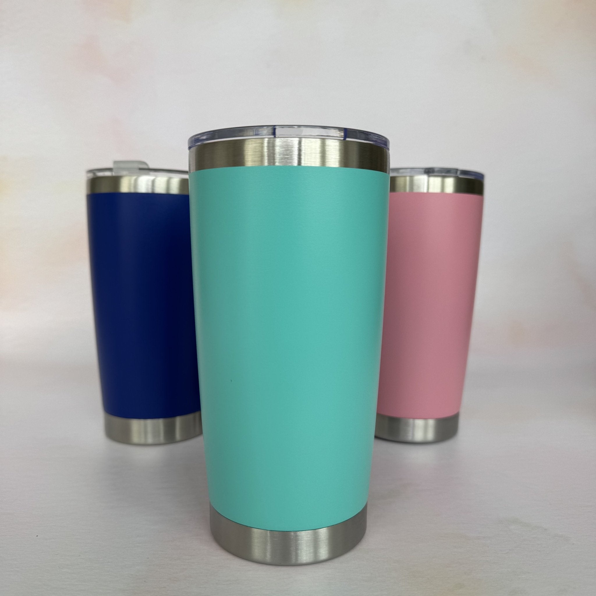 Three colour variants of insulated tumbler in teal, navy, and pink – personalised stainless steel tumbler – Etch 'N' Shine