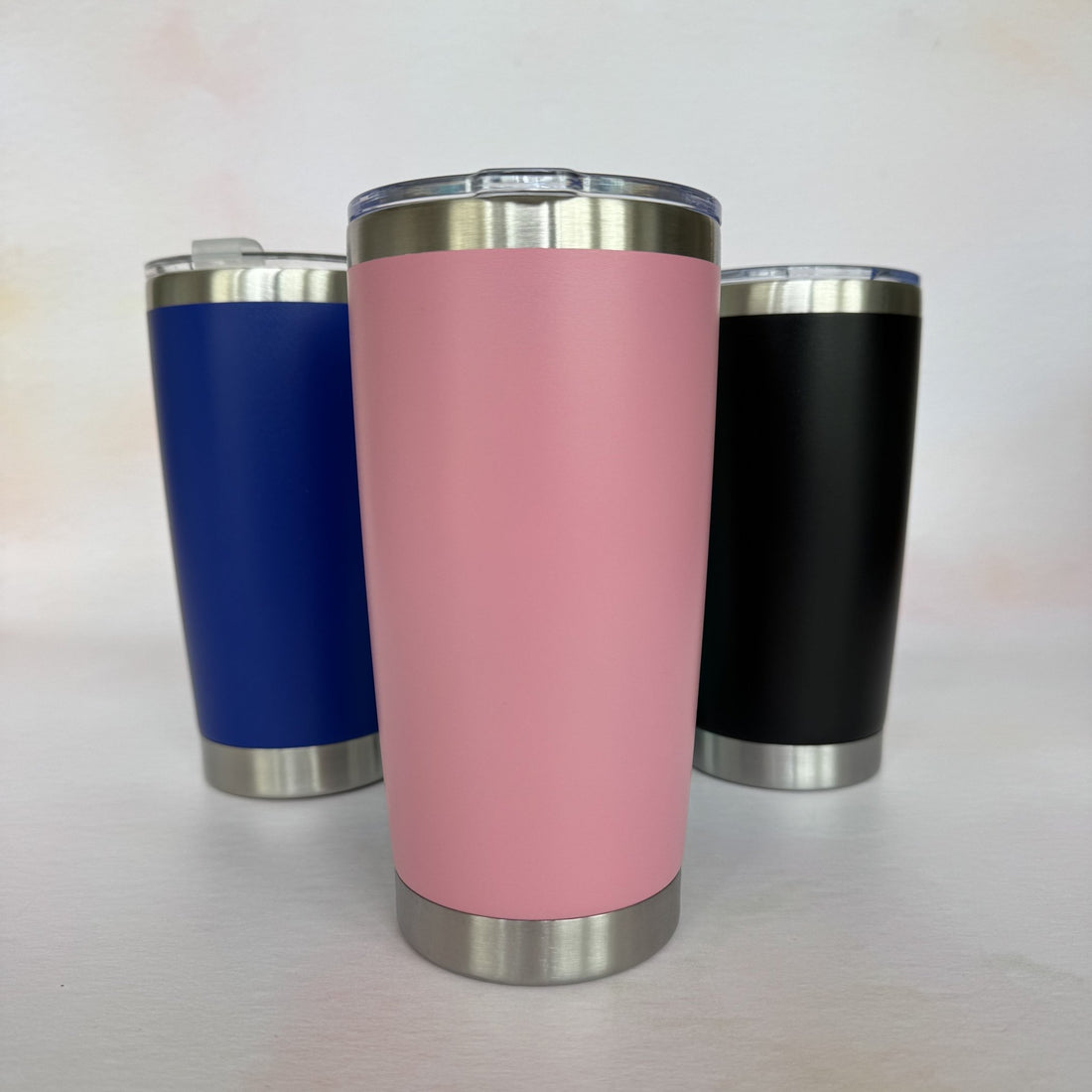 Three colour variants of insulated tumbler in pink, navy and black – personalised stainless steel tumbler – Etch 'N' Shine